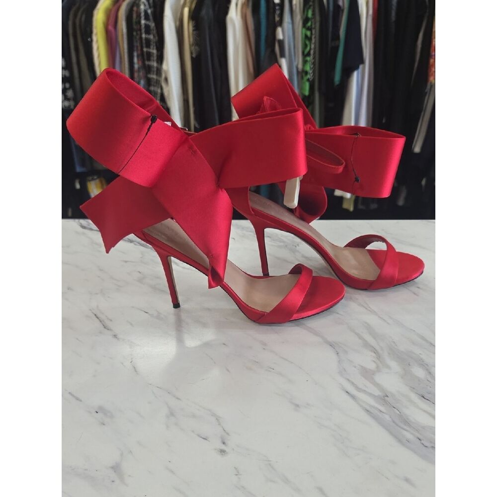 Red Satin Bow Ankle-Strap Stiletto Heels